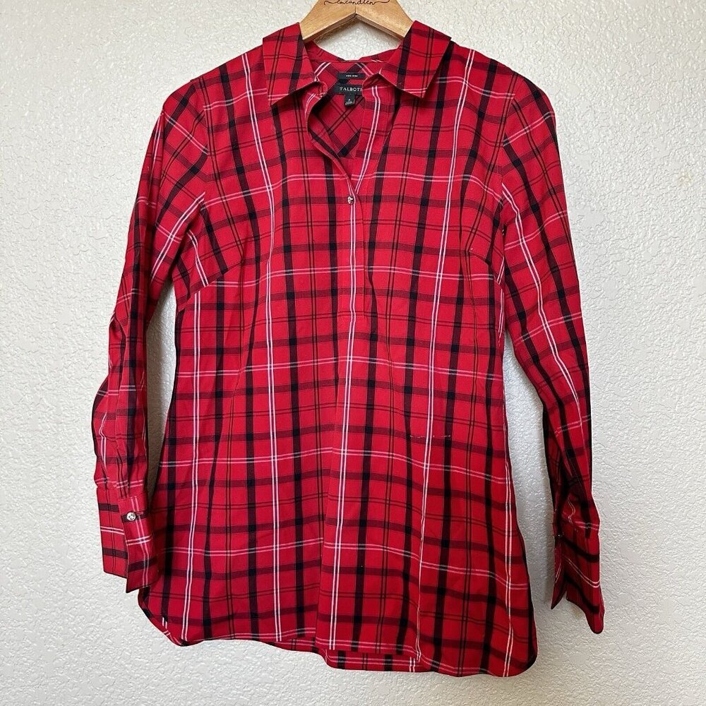 TALBOTS‎ NON IRON Women's 4 Red Plaid Popover Rhinestone Long Sleeve